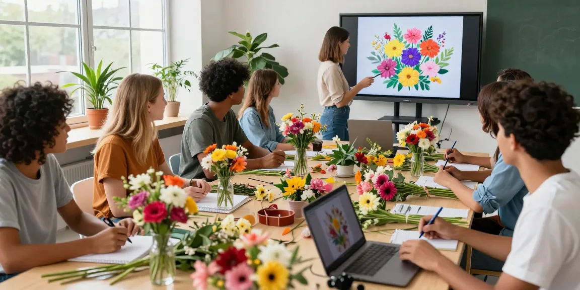 Students learning floral design techniques in an engaging classroom featuring MODALWD online courses.