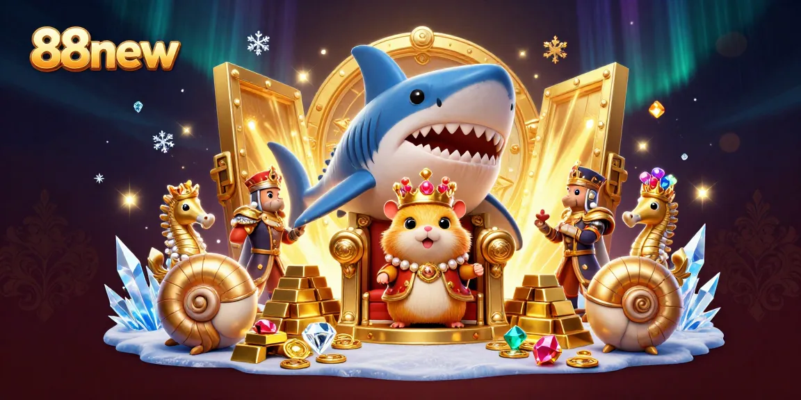 Experience the excitement at 88new with a golden hamster king on a shark tooth throne amidst riches.