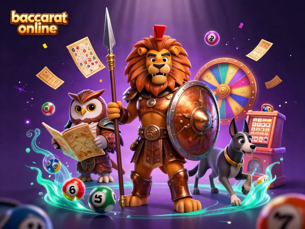 Baccarat online thrilling scene with a Spartan lion, tactical owl, and swift greyhound amidst vibrant casino elements.