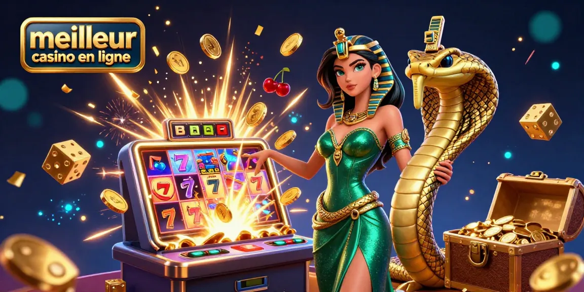 Vivez l'excitation du meilleur casino en ligne avec une scène de jackpot époustouflante mettant en vedette des machines à sous et des éléments de jeu dynamiques.