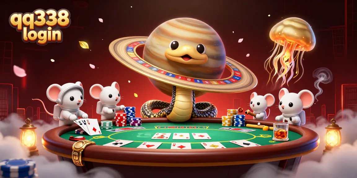 Experience qq338 login in a vibrant casino scene with cartoon characters placing bets and engaging in games.