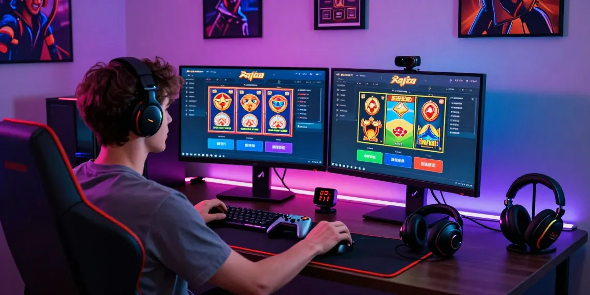 Engaged player enjoying raja 328 situs gaming with vibrant setup.