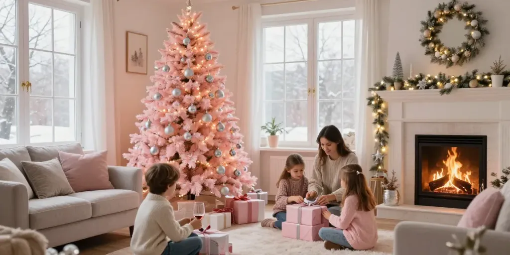 Cozy living room with a light pink Christmas tree, family celebrating holiday cheer.