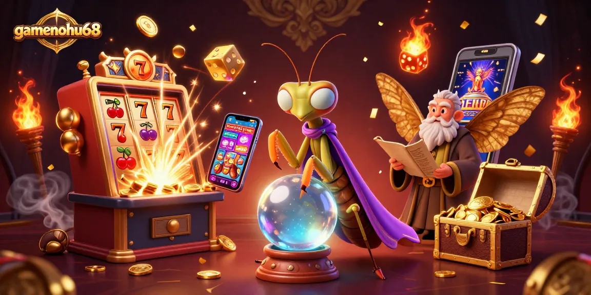 Engage in thrilling gaming at gamenohu68 with vibrant slot machine and fantasy characters.
