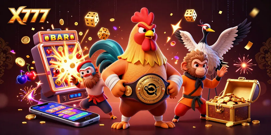 X777 offers vibrant 3D gaming action with a rooster, monkey, and crane in a jackpot scene.
