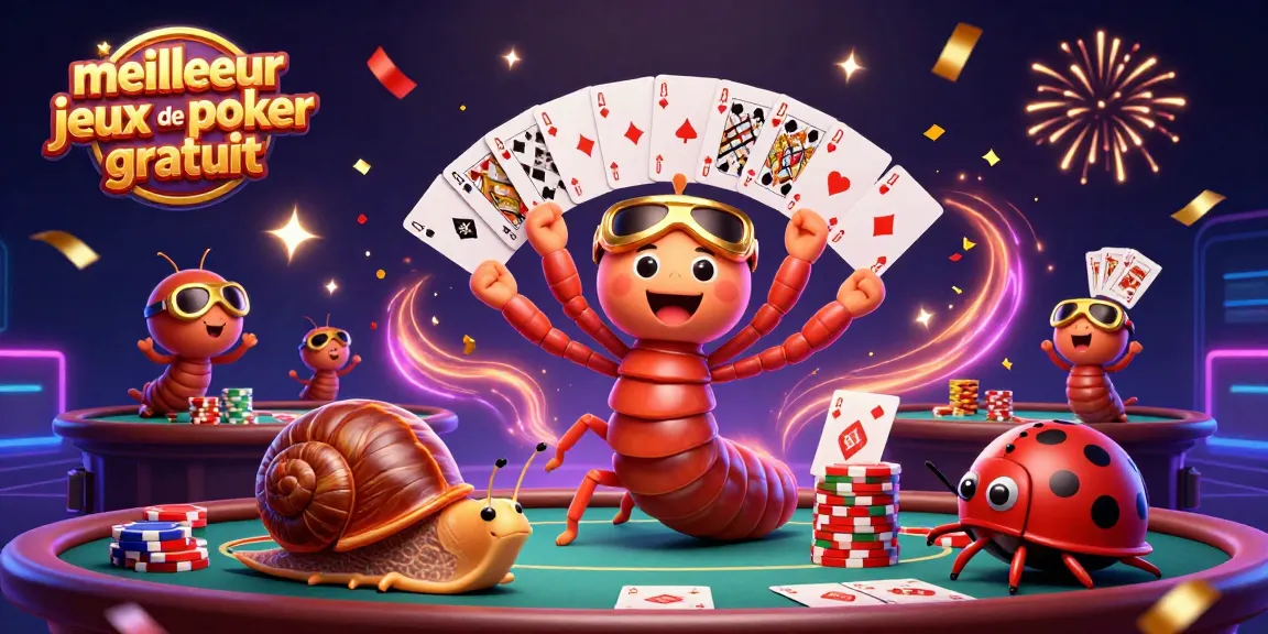 Jouer au meilleur jeux de poker gratuit avec une scène colorée représentant un dealer et des joueurs.