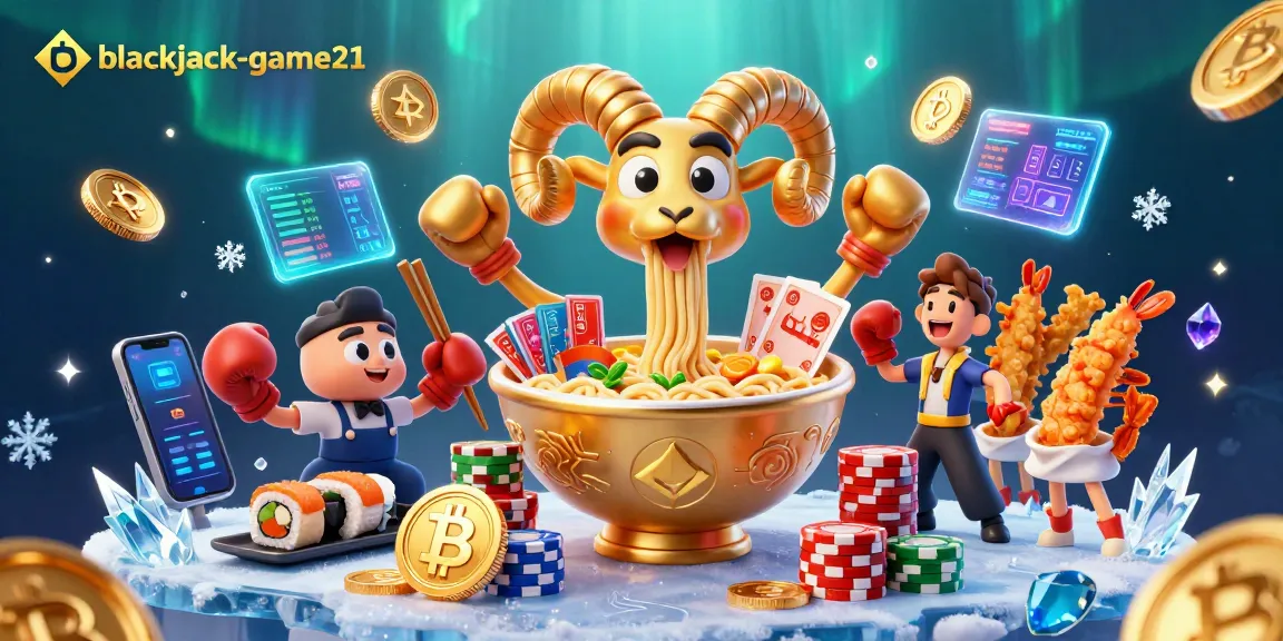 Engage with blackjack-game21's animated casino scene featuring a ramen bowl dealer and crypto elements.