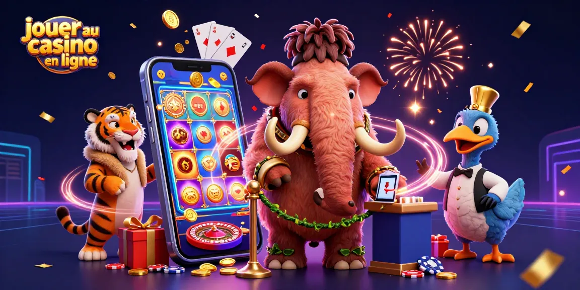 Jouer au casino en ligne avec des personnages animés dans une scène festive remplie d'éléments de jeux.