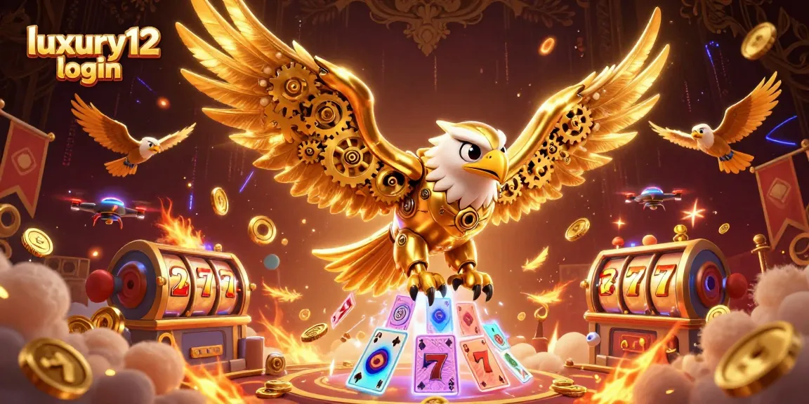 Experience luxury12 login with a stunning 3D illustration featuring mesmerizing flying cards and a golden eagle.