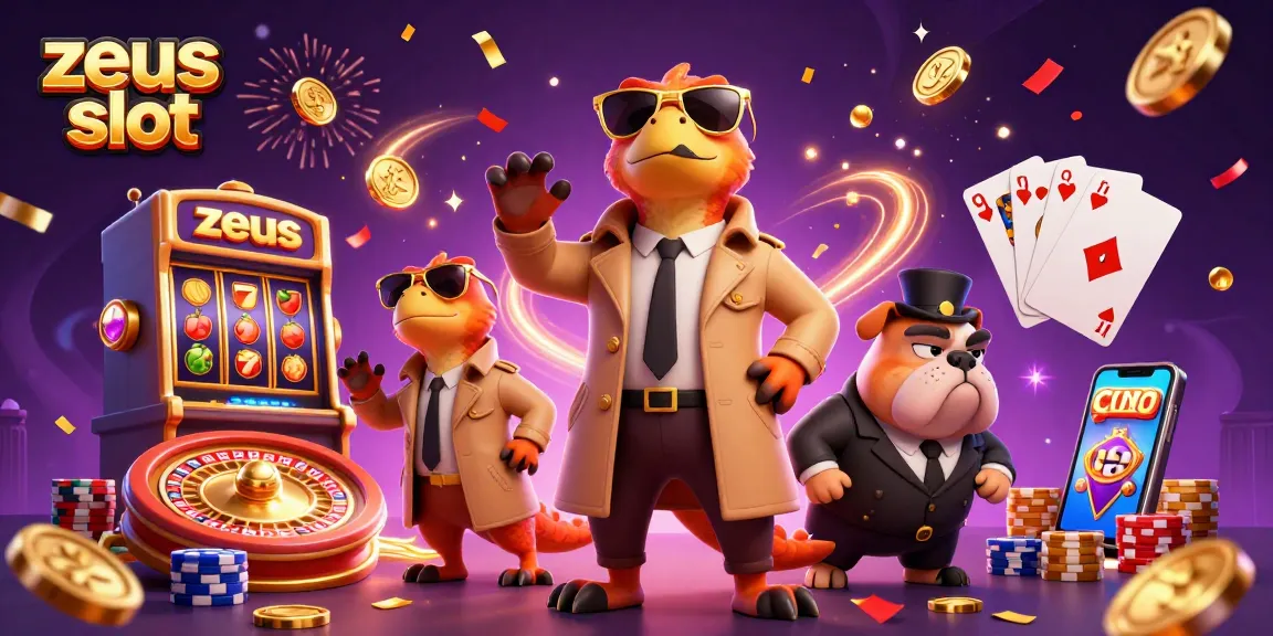 Experience the excitement of zeus slot with raptors in a trench coat entering a casino lounge.