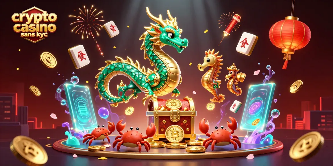 Découvrez une illustration dynamique d'un crypto casino sans KYC, mettant en scène un dragon de mer en émeraudes entouré de pièces de Bitcoin.
