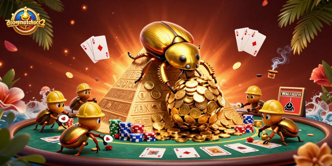 Engage in strategic gameplay with duongmatchuoc2 as golden beetles roll coin balls up a pyramid surrounded by poker elements.