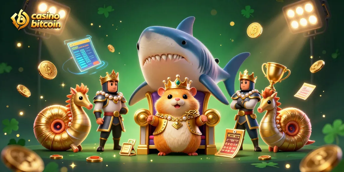 Giocatori che vincono con il casino bitcoin, circondati da monete e trofei d'oro.